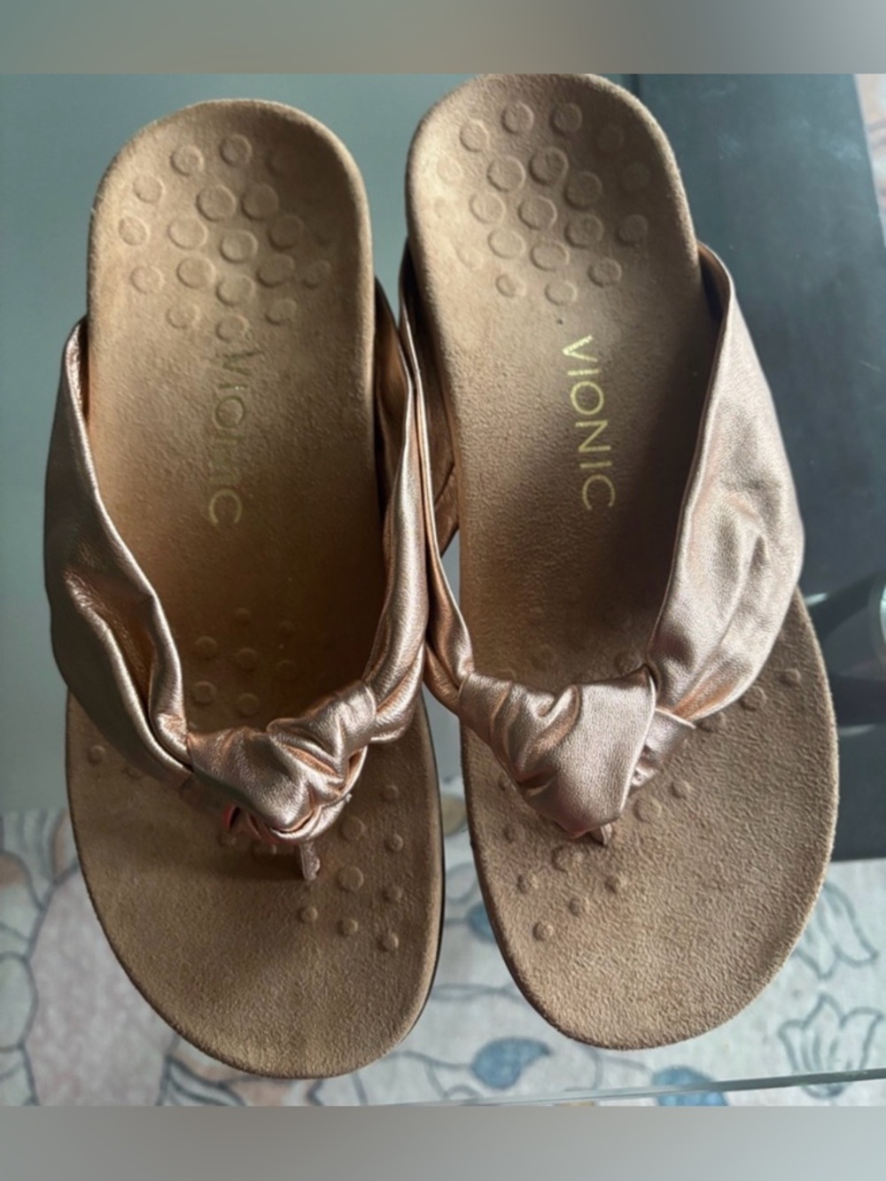 Vionic Rose Gold Metallic Knotted Thong Sandals